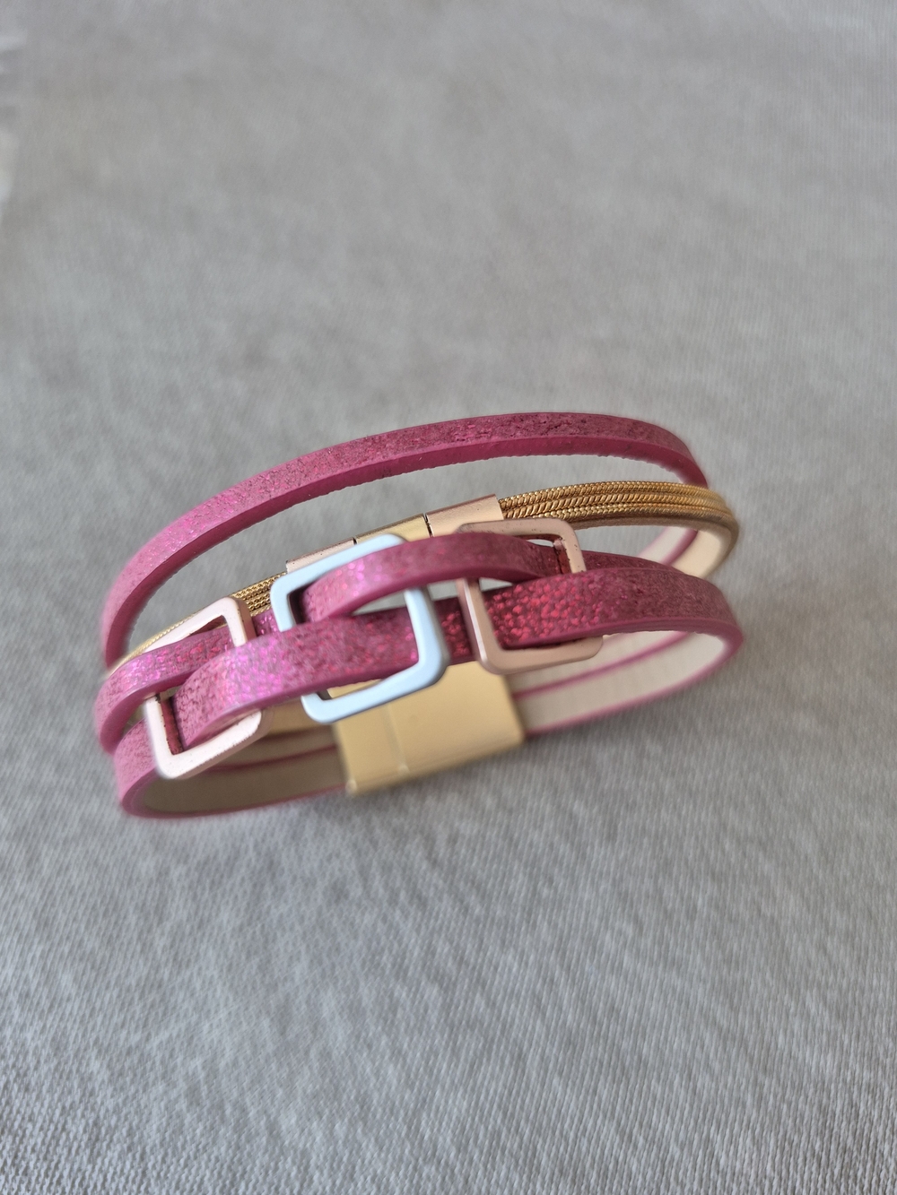 Pink Multi-Strand Leather Bracelet with Gold Accents